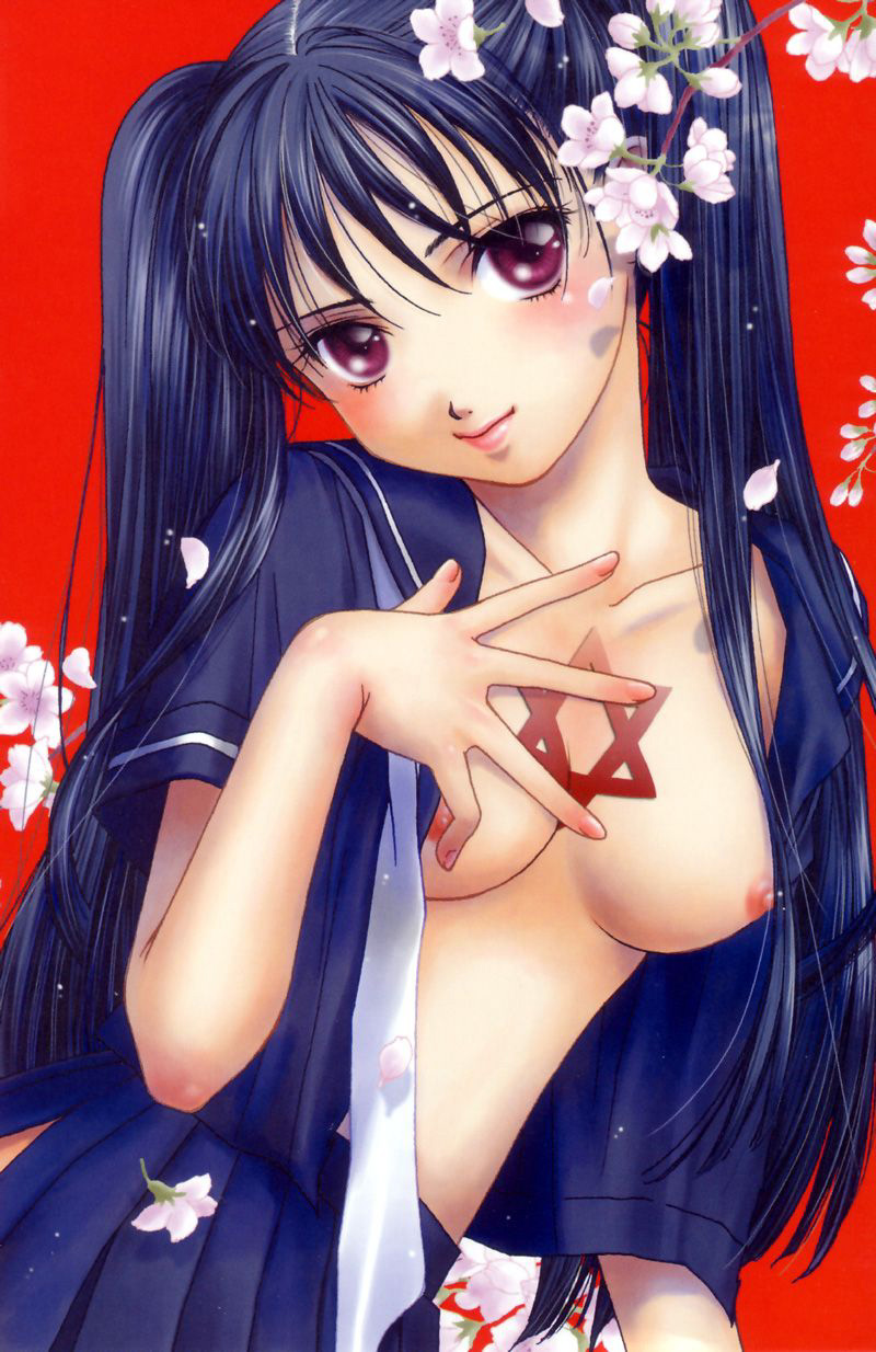 original, highres, jpeg artifacts, 1girl, blue hair, breasts, female focus, hexagram, no bra, open clothes, open shirt, pleated skirt, purple eyes, school uniform, serafuku, shirt, skirt, solo, star of david