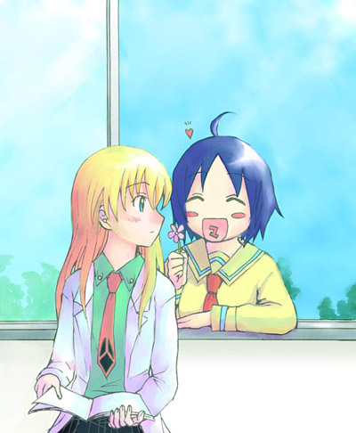 katagiri himeko, rebecca miyamoto, pani poni dash!, lowres, 00s, 2girls, ^ ^, ahoge, black hair, blazer, blue sky, blush stickers, book, child, closed eyes, collared shirt, day, flower, green shirt, heart, jacket, long sleeves, multiple girls, necktie, open book, open clothes, open jacket, red necktie, school uniform, shirt, sky, upper body