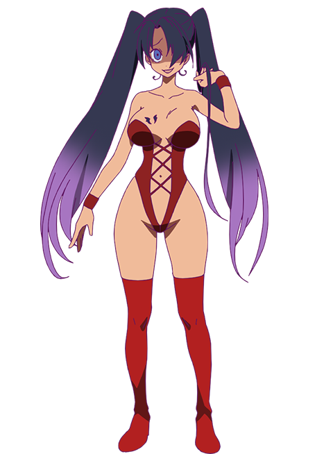 ootsu nao, heion sedai no idaten-tachi, official art, 1girl, anime coloring, bare shoulders, black hair, blue eyes, boots, breast tattoo, breasts, cleavage, cross-laced clothes, cross-laced leotard, dark-skinned female, dark skin, full body, gradient hair, hair over one eye, hand up, large breasts, leotard, long hair, looking at viewer, miku (heion sedai no idaten-tachi), multicolored hair, open mouth, purple hair, red boots, red leotard, revealing clothes, simple background, smile, solo, standing, tattoo, thigh boots, thighhighs, transparent background, twintails, very long hair, wristband