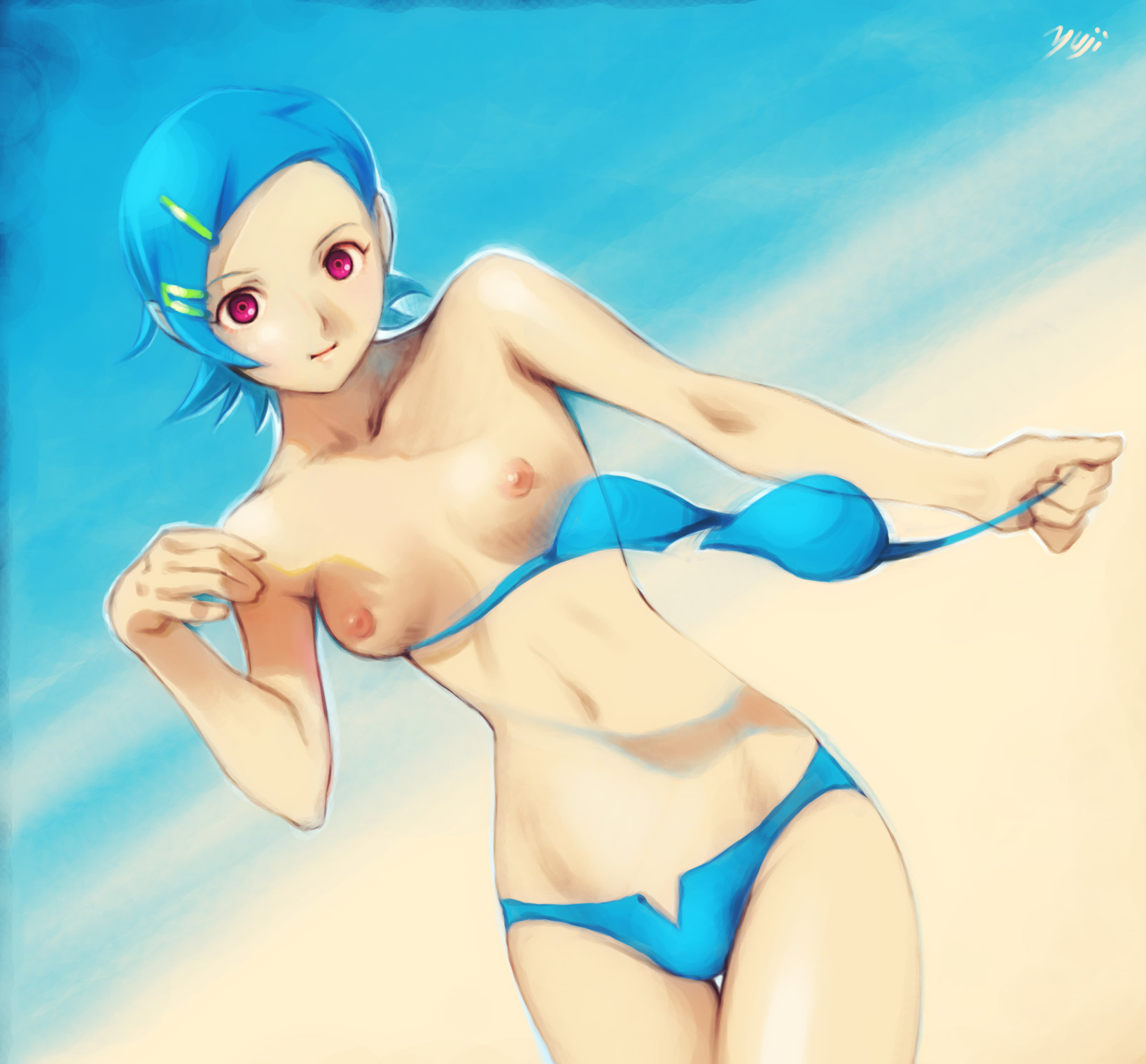 kobayashi yuji, eureka (eureka seven), eureka seven, eureka seven (series), highres, 00s, 1girl, artist name, beach, bikini, blue bikini, blue hair, breasts, day, female focus, hair ornament, hairclip, navel, nipples, outdoors, purple eyes, short hair, small breasts, solo, swimsuit, topless female, undressing, unworn bikini top