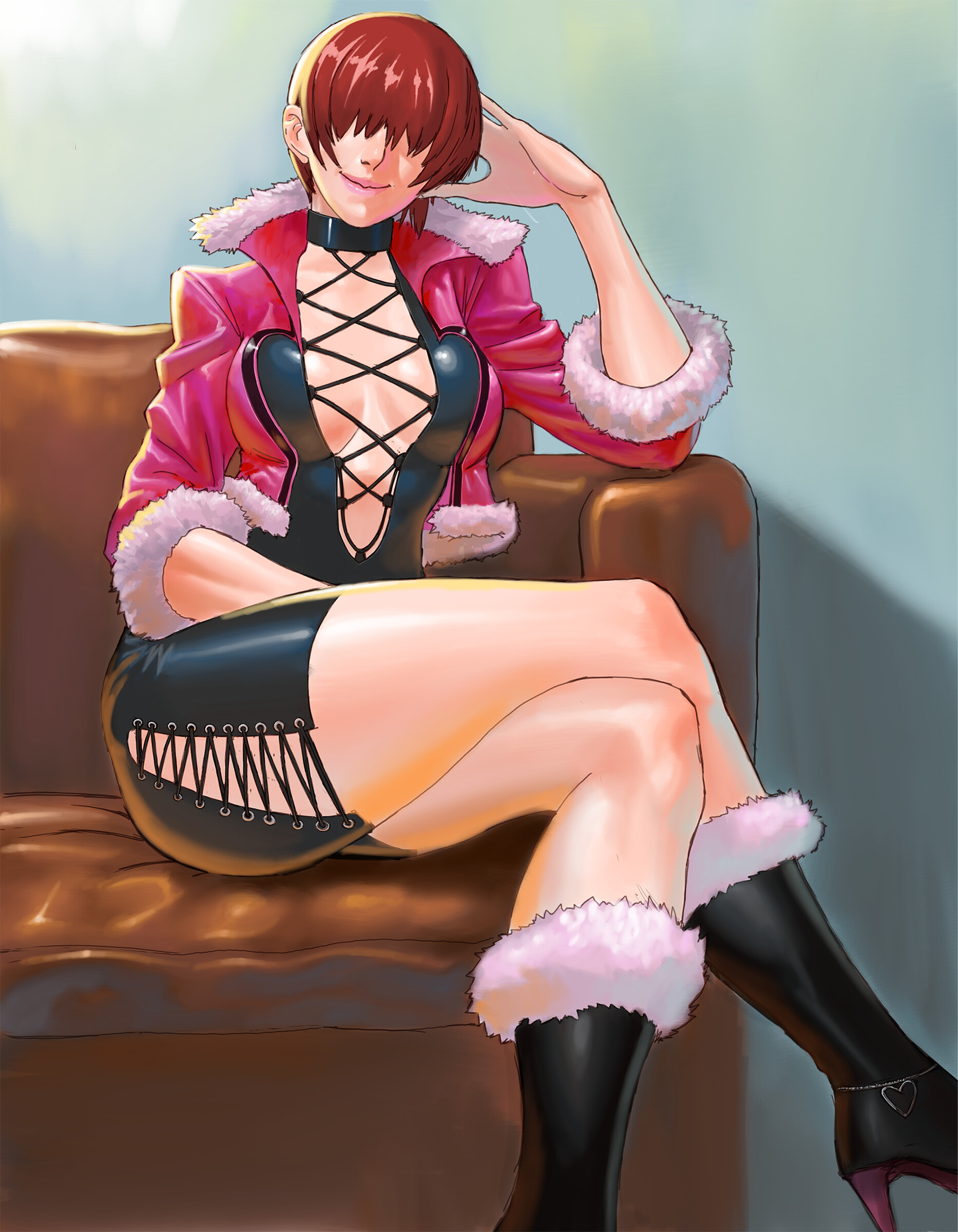 shermie (kof), the king of fighters, 1girl, boots, breasts, chair, cleavage, cleavage cutout, clothing cutout, couch, curvy, dress, female focus, fishnets, fluffy, hand up, heart, high heels, huge breasts, jacket, kurei scott, large breasts, latex, leather, long hair, no bra, pale skin, red hair, shiny clothes, shiny skin, sitting, skirt, smile, smiley face, thick thighs, thighs, tight clothes, tight dress, toned, toned female, wide hips