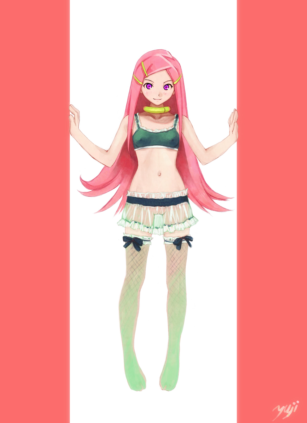 kobayashi yuji, anemone (eureka seven), eureka seven, eureka seven (series), highres, 00s, 1girl, artist name, bra, breasts, covered erect nipples, female focus, fishnet thighhighs, fishnets, hair ornament, hairclip, lingerie, navel, no panties, pink hair, pussy, see-through clothes, small breasts, solo, thighhighs, underwear
