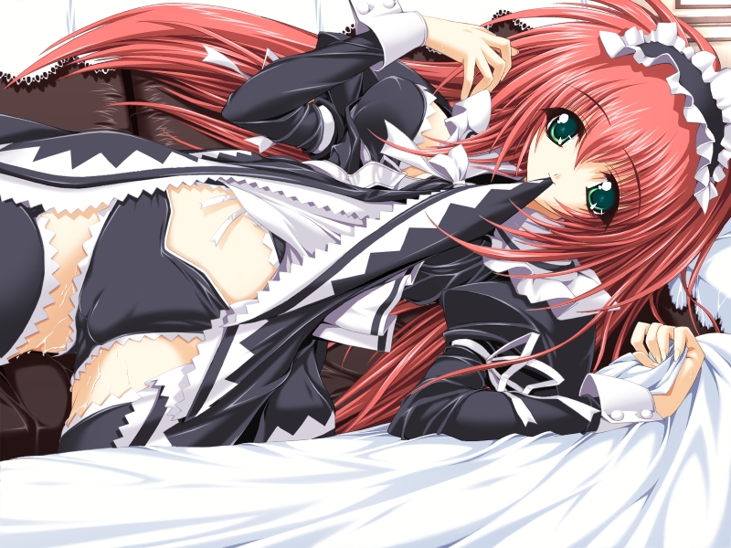 mitsuki mantarou, mio karen, magical premium, game cg, 1girl, bed, black panties, black thighhighs, cameltoe, clothes in mouth, clothes lift, dress, dress in mouth, dress lift, female focus, headdress, lace, lace-trimmed panties, lace trim, lying, maid, mouth hold, on side, panties, skirt, skirt in mouth, skirt lift, solo, thighhighs, underwear, upskirt