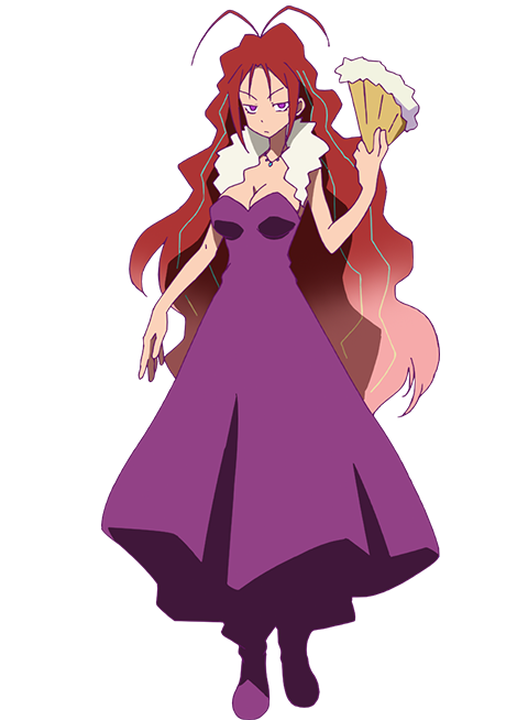 ootsu nao, heion sedai no idaten-tachi, official art, 1girl, anime coloring, antenna hair, boots, brandy (heion sedai no idaten-tachi), breasts, cleavage, closed mouth, dress, folding fan, full body, hand fan, hand up, holding, holding fan, jewelry, jitome, large breasts, long hair, looking at viewer, necklace, purple boots, purple dress, red eyes, red hair, sidelocks, simple background, solo, standing, transparent background, very long hair, wavy hair