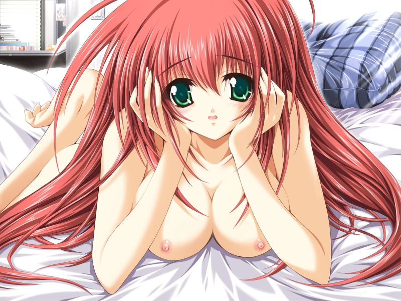 mitsuki mantarou, mio karen, magical premium, game cg, 1girl, bed, breasts, completely nude, female focus, head rest, nipples, nude, solo