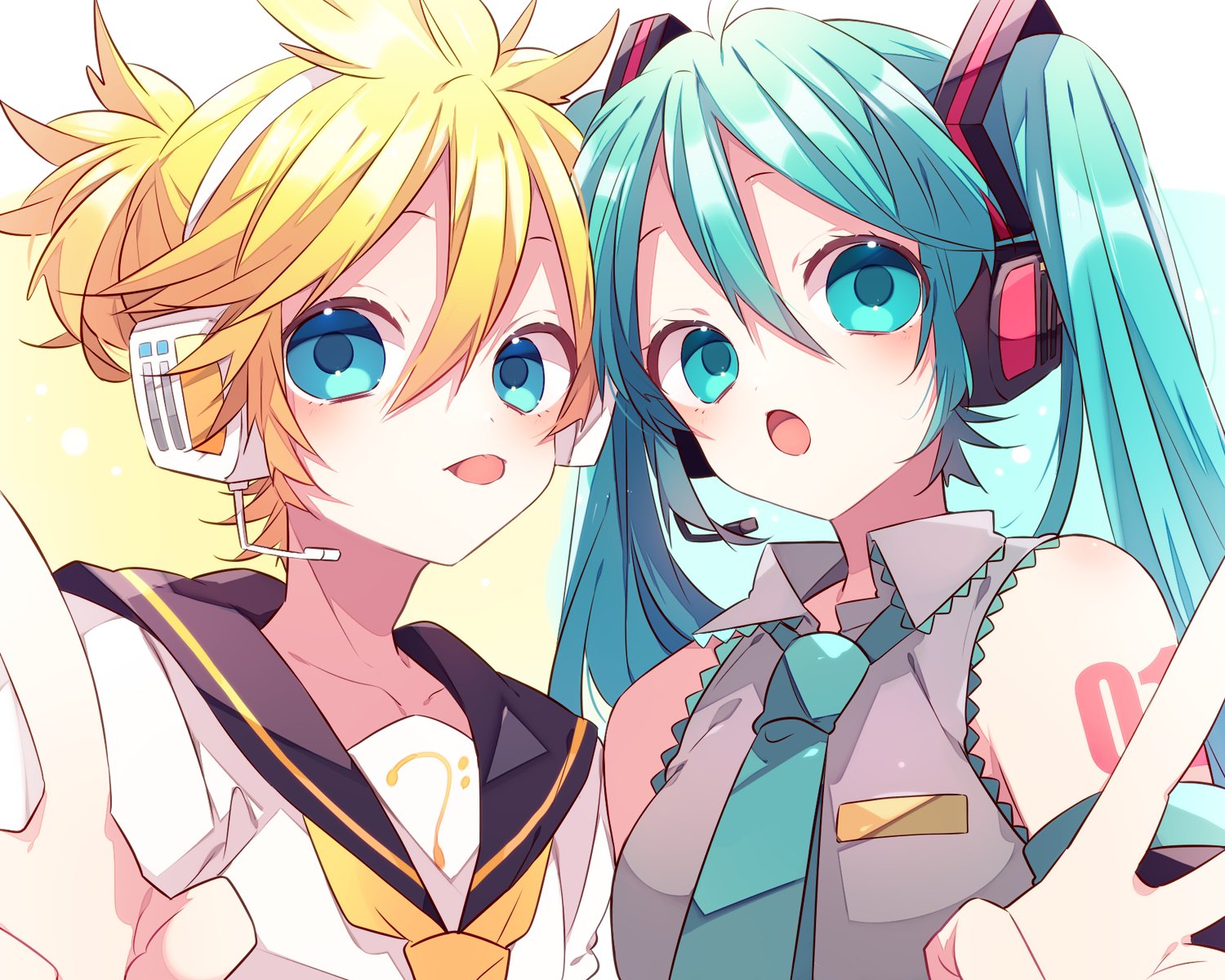 kaho 0102, hatsune miku, kagamine len, vocaloid, commentary, highres, 1boy, 1girl, :o, bare shoulders, bass clef, black sailor collar, black sleeves, blonde hair, blue eyes, blue hair, blue necktie, blush, closed mouth, collared shirt, detached sleeves, double-parted bangs, grey shirt, hair between eyes, hand up, headset, looking at viewer, necktie, number tattoo, open mouth, portrait, sailor collar, shirt, short hair, shoulder tattoo, sleeveless, sleeveless shirt, tattoo, tongue, tongue out, twintails, white shirt, yellow necktie