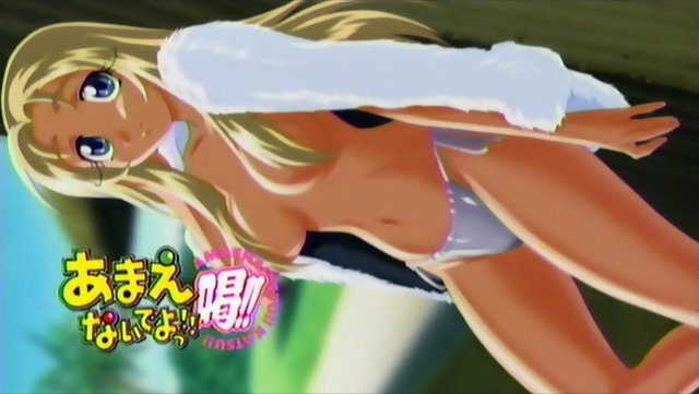 amanogawa haruka, amaenaideyo!!, fur, anime screenshot, 00s, 1girl, against wall, bikini, bikini bottom only, blonde hair, blue eyes, breasts, censored, convenient censoring, day, dutch angle, eyelashes, female focus, grass, hair censor, hair over breasts, long hair, medium breasts, navel, open clothes, open shirt, outdoors, palm tree, panties, shirt, side-tie bikini bottom, side-tie panties, sky, smile, solo, standing, swimsuit, tan, topfreedom, topless female, tree, underwear, white panties