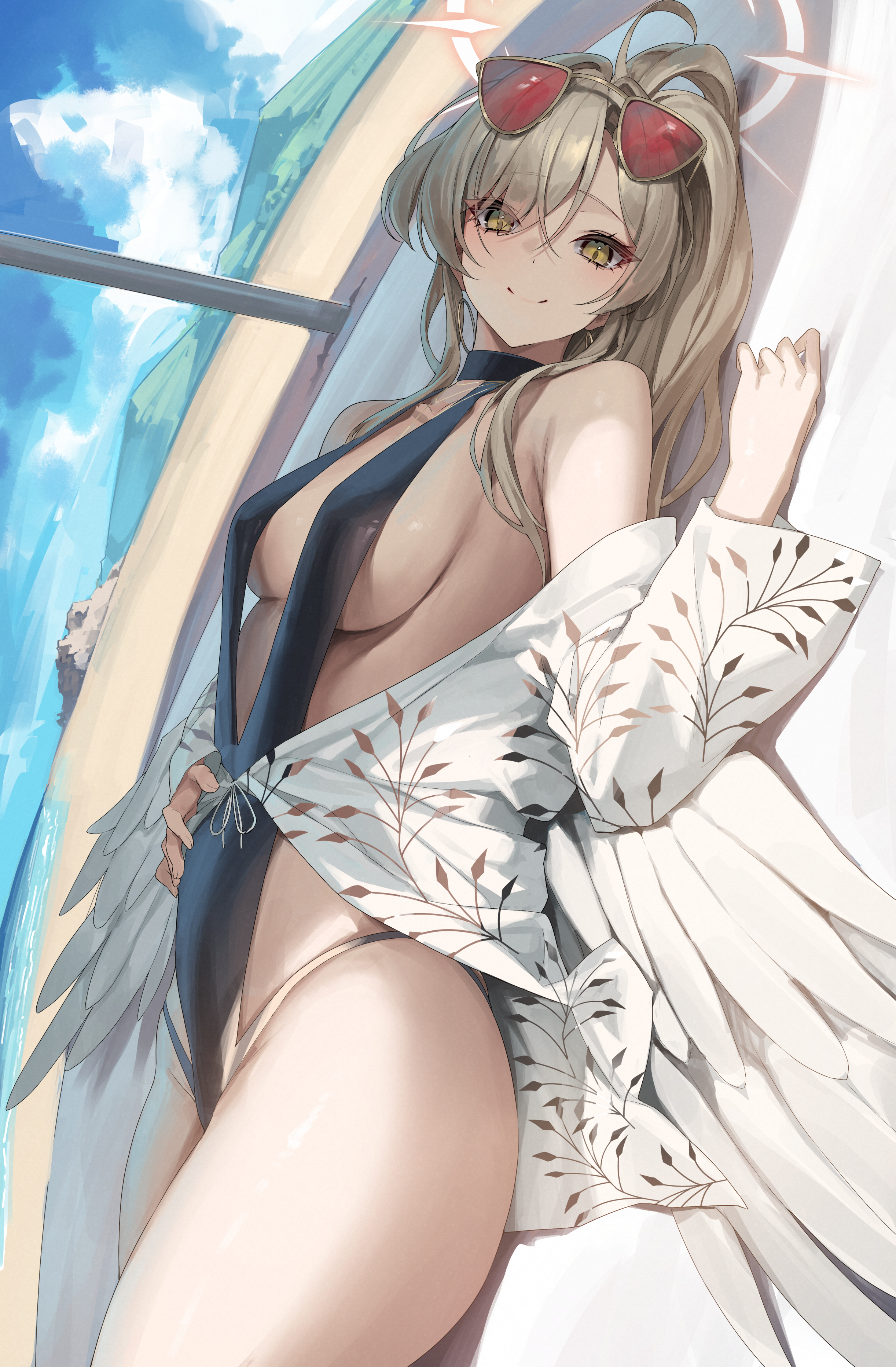 yamanokami eaka, nagisa (blue archive), nagisa (swimsuit) (blue archive), blue archive, absurdres, commentary request, highres, 1girl, beach, black one-piece swimsuit, blue sky, breasts, brown eyes, brown hair, closed mouth, cloud, day, eyewear on head, halo, long hair, looking at viewer, lying, medium breasts, ocean, official alternate costume, on back, one-piece swimsuit, ponytail, red-tinted eyewear, sky, smile, solo, sunglasses, swimsuit, thighs, tinted eyewear, white halo, white wings, wings
