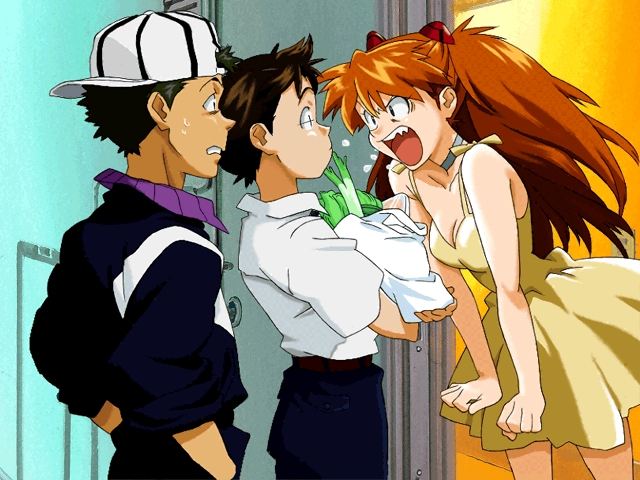 ikari shinji, souryuu asuka langley, suzuhara touji, neon genesis evangelion, 1girl, 2boys, angry, backwards hat, bare shoulders, baseball cap, blue choker, breasts, brown hair, choker, cleavage, clenched teeth, cowboy shot, dress, eye contact, furious, hairpods, hat, long hair, looking at another, medium breasts, multiple boys, orange hair, red hair, school uniform, short dress, short hair, spring onion, sundress, teeth, track suit, two side up, yellow dress