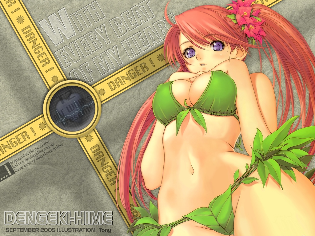 tony taka, 1girl, ahoge, bikini, bougainvillea (flower), breasts, cleavage, covered erect nipples, female focus, flower, from below, green bikini, hair flower, hair ornament, leaf, leaf bikini, long hair, looking down, navel, purple eyes, red hair, solo, string bikini, swimsuit, twintails