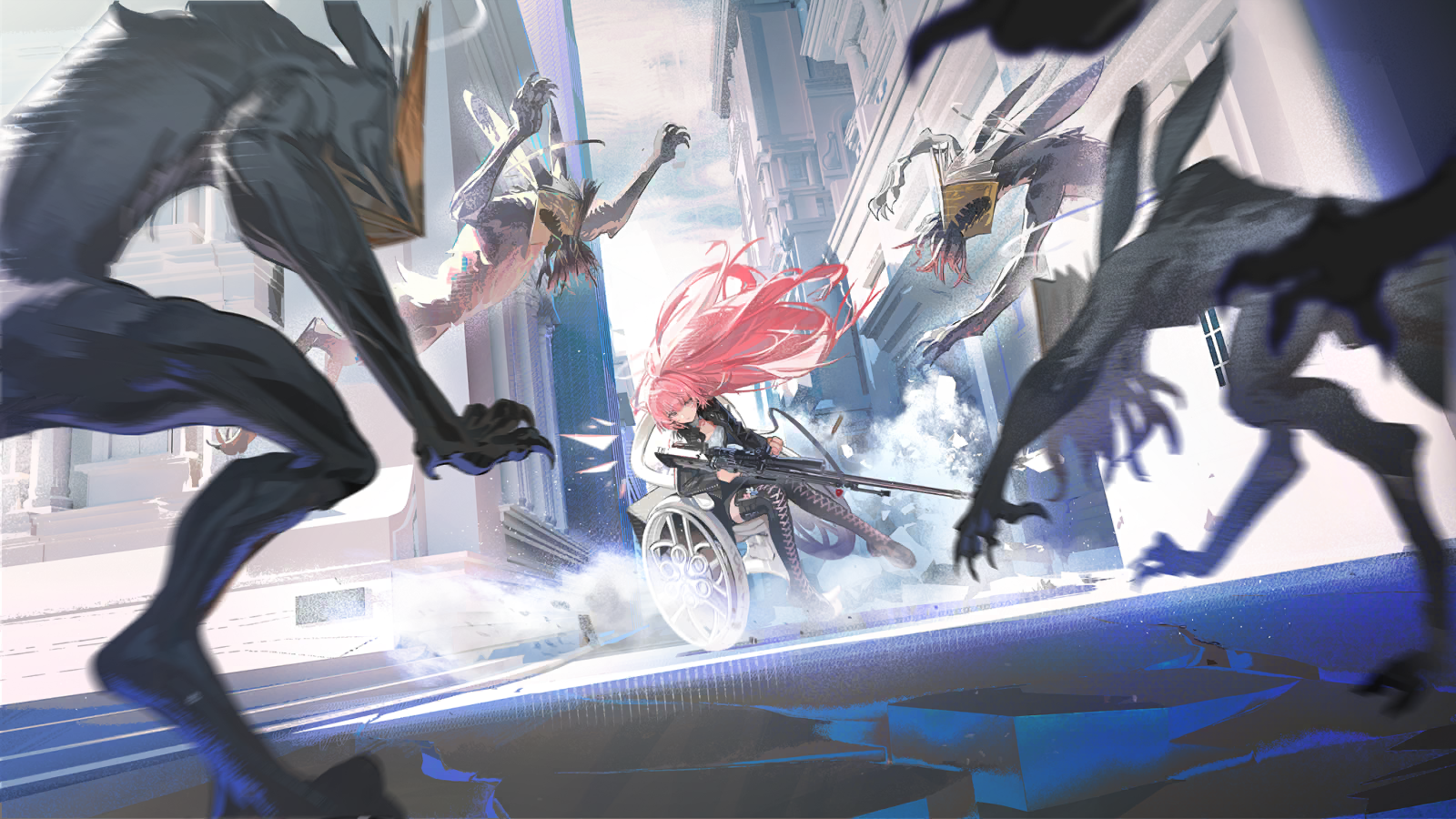 lemuen (arknights), arknights, game cg, highres, official art, third-party source, ai arctic warfare, battle, bolt action, boots, day, detached wings, dutch angle, energy wings, floating hair, gun, halo, holding, holding gun, holding weapon, lace-up boots, long hair, monster, pink eyes, pink hair, rifle, sniper rifle, thigh boots, very long hair, weapon, wheelchair, wings