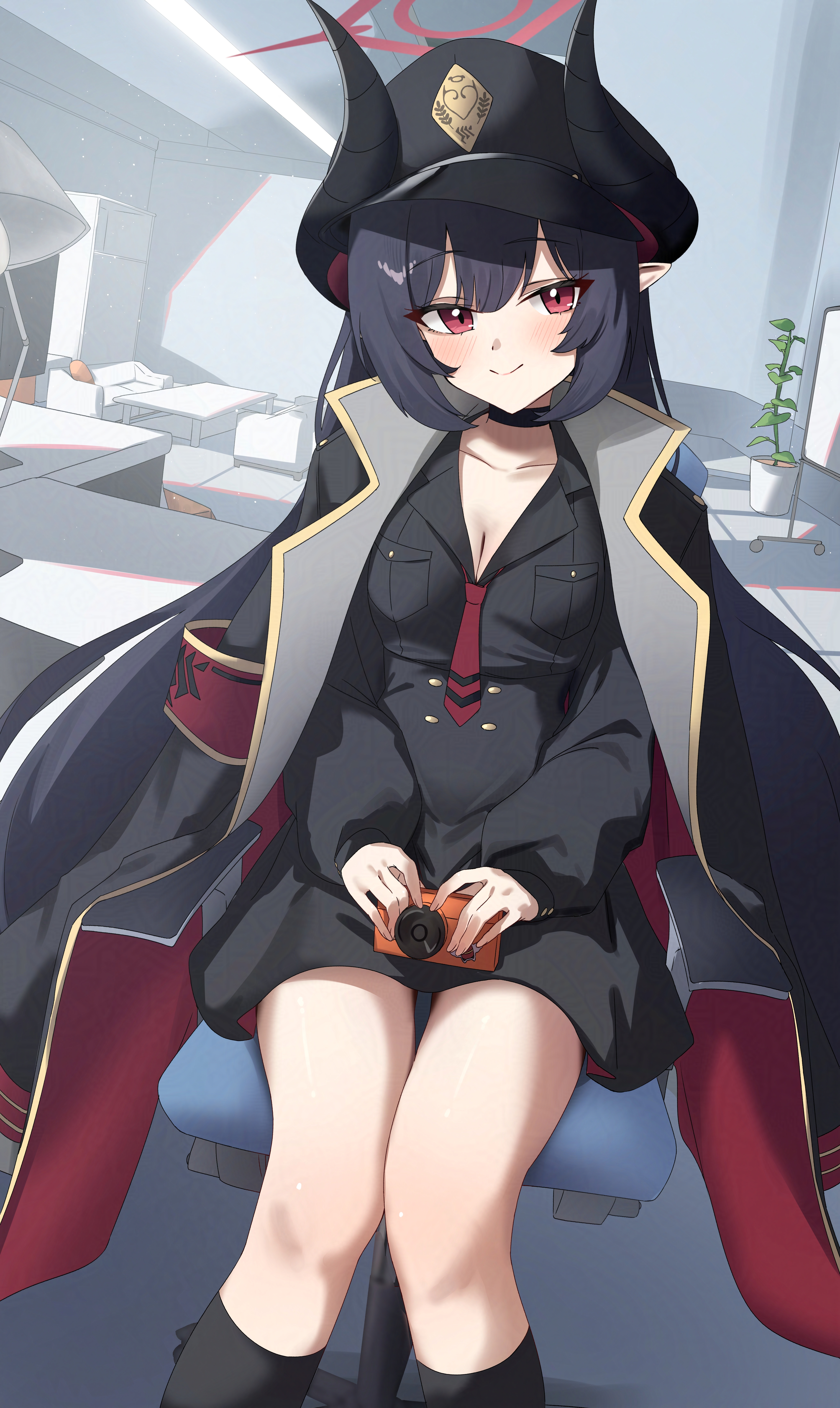 d (delt4), chiaki (blue archive), blue archive, absurdres, commentary, highres, 1girl, black hair, black horns, black jacket, black shirt, black skirt, blush, breasts, camera, cleavage, closed mouth, demon girl, demon horns, holding, holding camera, horns, jacket, long hair, looking at viewer, miniskirt, red eyes, shirt, sitting, skirt, small breasts, smile, solo, thighs