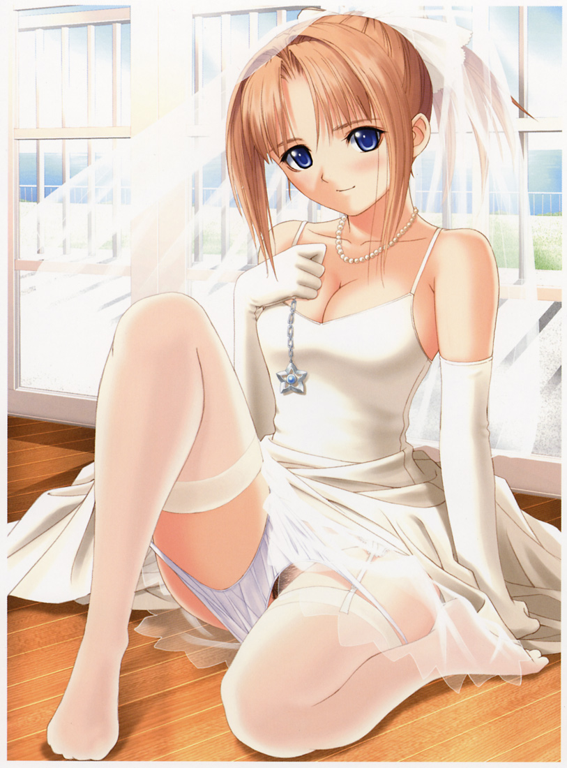 tony taka, shiomiya kanami, after, 00s, 1girl, arm support, blue eyes, blush, breasts, bridal veil, bride, brown hair, cleavage, dress, elbow gloves, female pubic hair, garter belt, gloves, headdress, jewelry, large breasts, lingerie, necklace, panties, panty pull, ponytail, pubic hair, sitting, smile, solo, thighhighs, underwear, veil, wedding dress, white panties