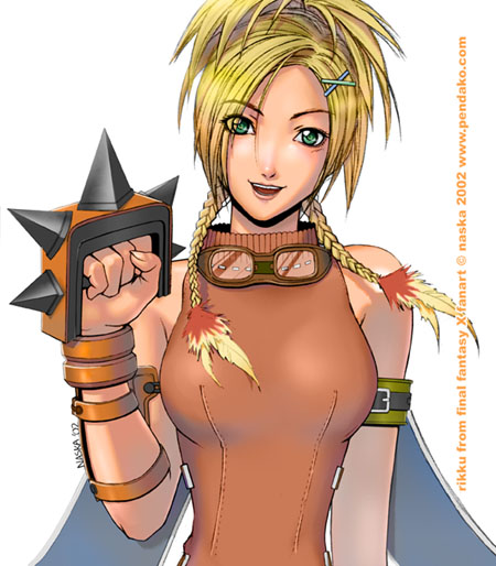 naska chijoue, rikku (ff10), final fantasy, final fantasy x, 00s, 1girl, @ @, bare shoulders, blonde hair, brass knuckles, fantasy, female focus, green eyes, hair ornament, hairclip, sleeveless, sleeveless turtleneck, solo, spikes, turtleneck, weapon, x hair ornament