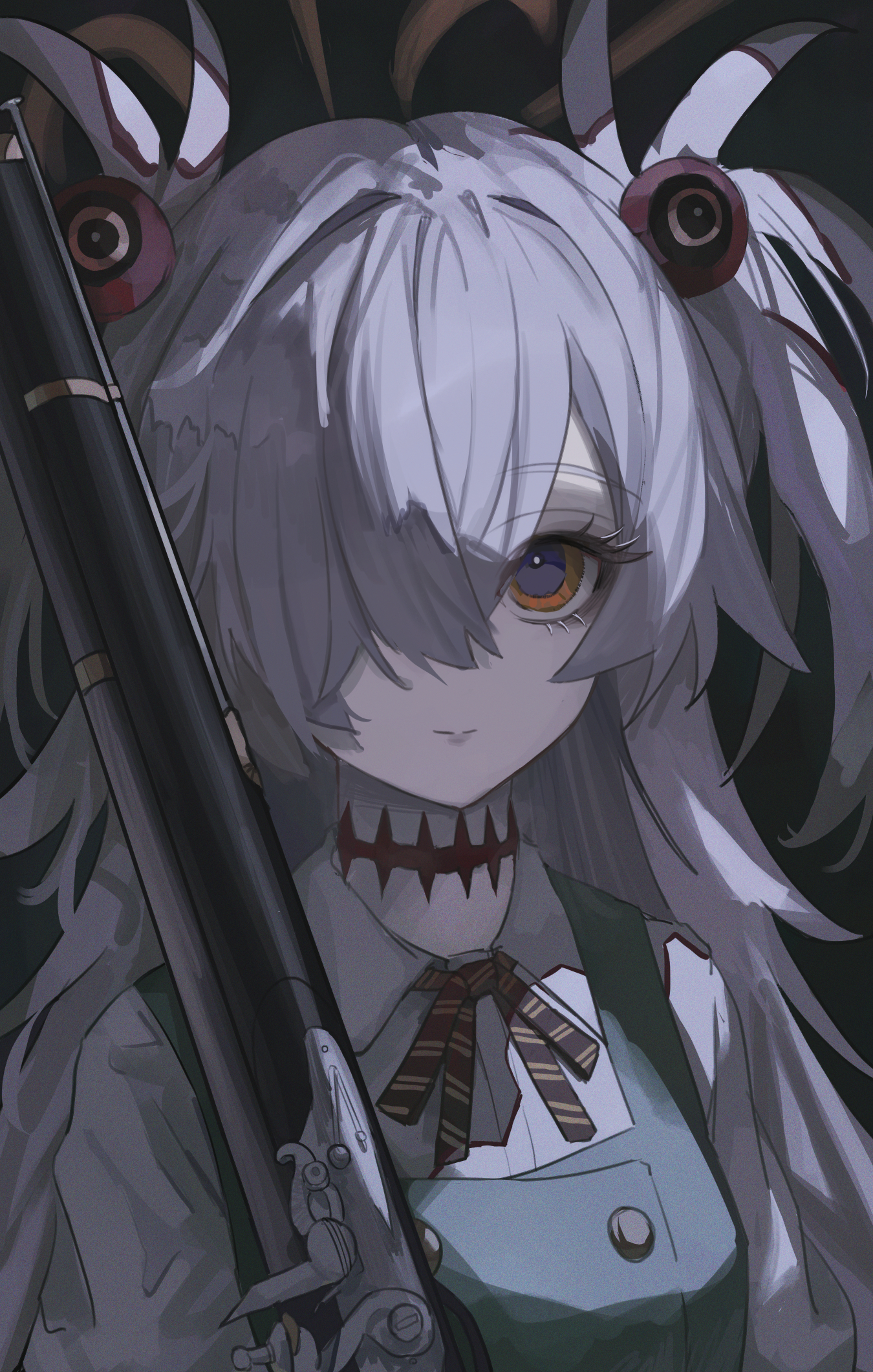aster (teslavision), kanoe (blue archive), blue archive, highres, 1girl, brown ribbon, closed mouth, dress, green dress, grey hair, gun, hair over one eye, holding, holding gun, holding weapon, looking at viewer, musket, orange eyes, ribbon, shirt, smile, solo, two side up, upper body, weapon, white shirt
