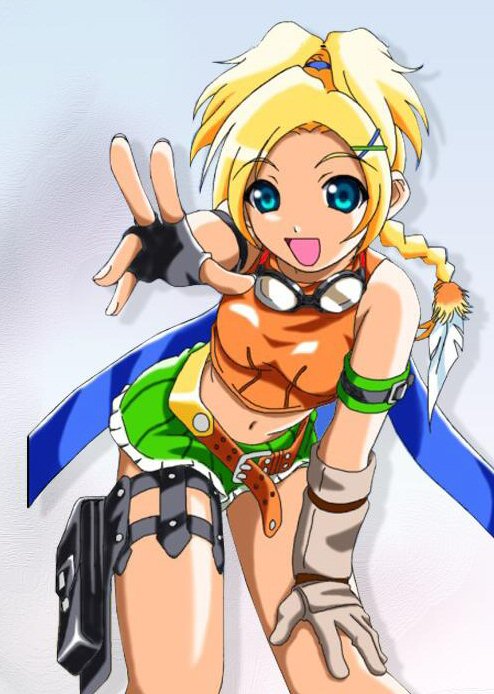 kazuya (toybox), rikku (ff10), final fantasy, final fantasy x, 00s, 1girl, aqua eyes, asymmetrical gloves, bare shoulders, black gloves, blonde hair, brown gloves, female focus, fingerless gloves, gloves, goggles, hair ornament, hairclip, leaning forward, midriff, mismatched gloves, navel, open mouth, solo, thigh strap, x hair ornament