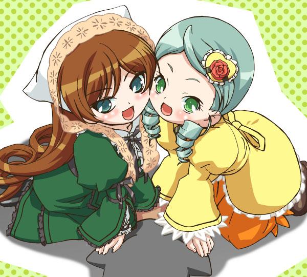 kanaria, suiseiseki, rozen maiden, 00s, 2girls, :d, all fours, aqua hair, blush, brown hair, dress, drill hair, green dress, green eyes, green hair, hair ornament, headscarf, heart, heart hair ornament, looking at viewer, multiple girls, open mouth, short hair, smile, twin drills, white headscarf, yellow dress