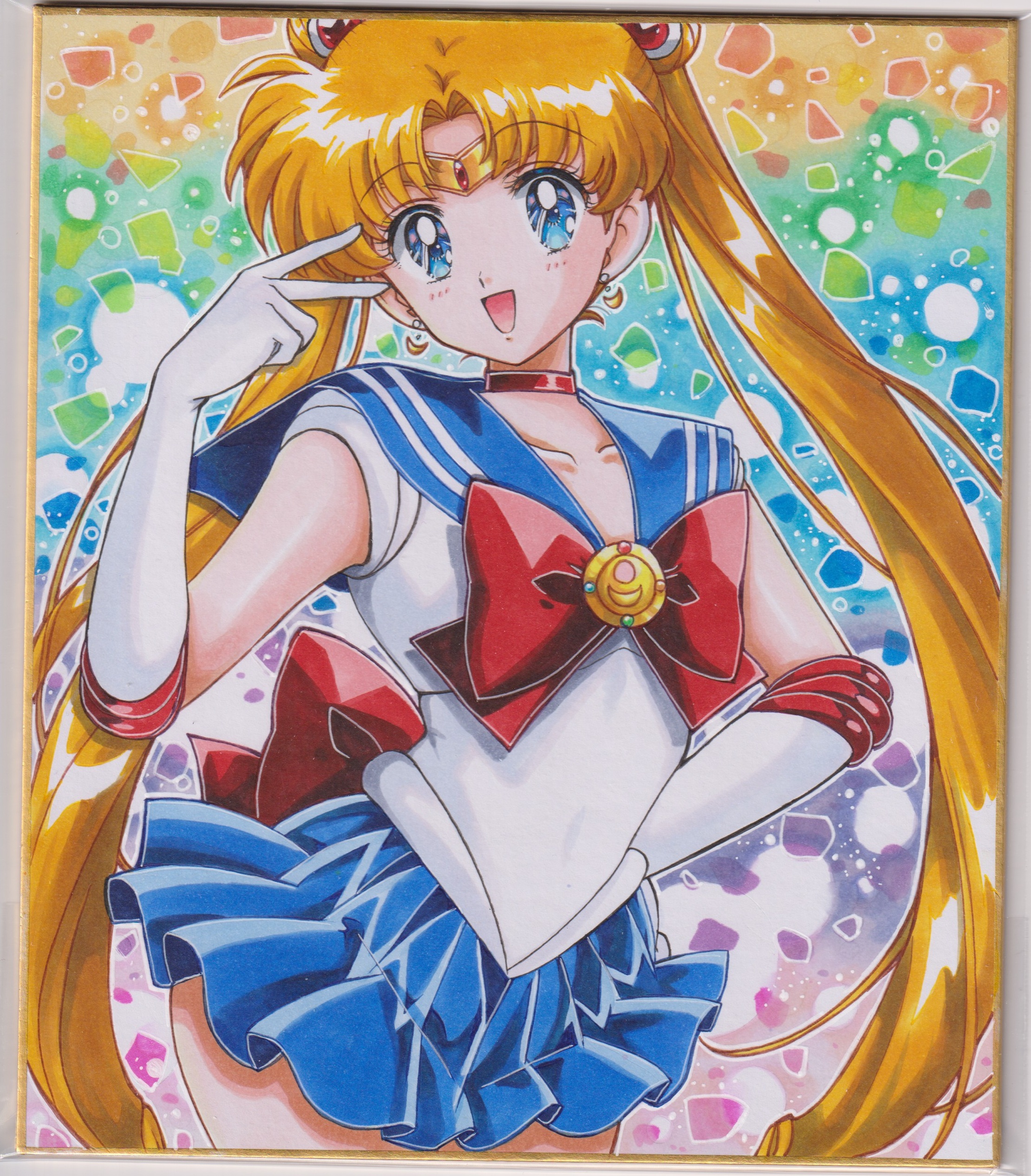 sailor moon, tsukino usagi, bishoujo senshi sailor moon, absurdres, commentary, highres, 1girl, :d, back bow, blonde hair, blue sailor collar, blue skirt, bow, bowtie, brooch, chikoto (kztc4472), choker, circlet, collarbone, colorful background, cowboy shot, double bun, earrings, elbow gloves, gloves, hair bun, hair ornament, hand on own hip, hand up, jewelry, long hair, looking at viewer, magical girl, miniskirt, open mouth, pleated skirt, red bow, red bowtie, red choker, sailor collar, sailor senshi uniform, shirt, skirt, sleeveless, sleeveless shirt, smile, solo, twintails, v, white gloves, white shirt
