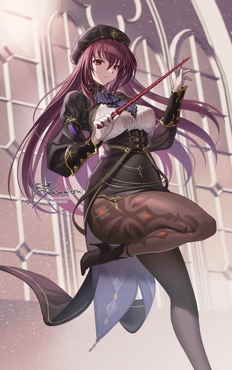 asamitsu (n morninglight), scathach (celebratory attire) (fate), scathach (fate), fate/grand order, fate (series), highres, 1girl, ascot, beret, black coat, black hat, black skirt, breasts, brooch, brown pantyhose, coat, gloves, hat, high heels, jewelry, large breasts, long hair, long sleeves, looking at viewer, pantyhose, pencil skirt, pointer, purple hair, red eyes, shirt, skirt, solo, thighs, white gloves, white shirt
