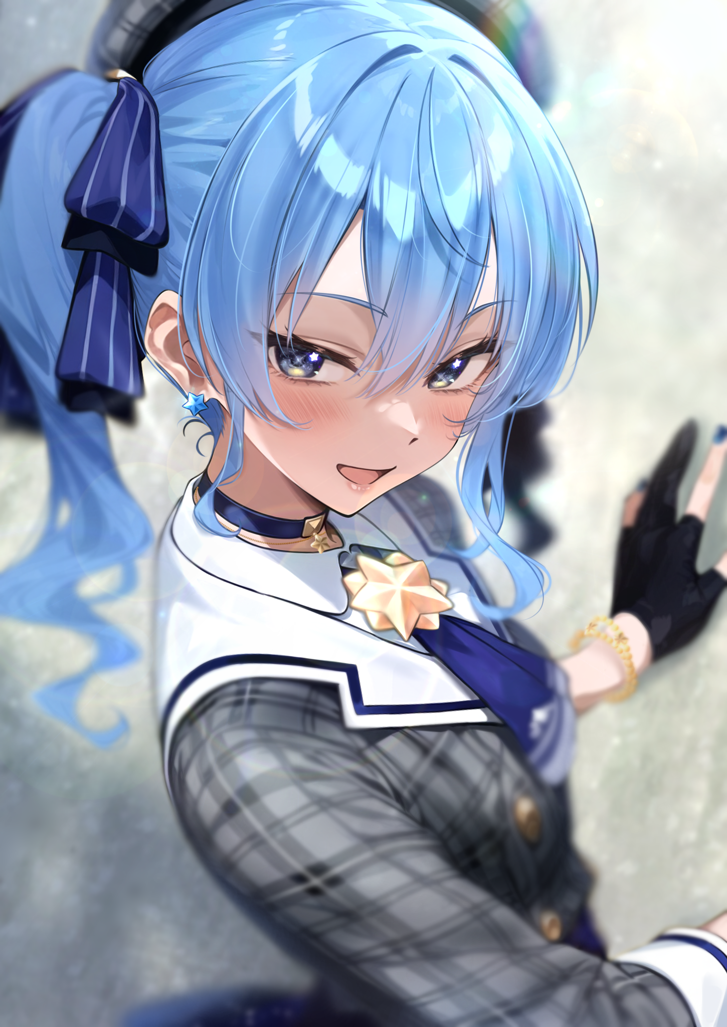 nyarurato0debu, hoshimachi suisei, hoshimachi suisei (1st costume), hololive, highres, 1girl, :d, ascot, beret, black gloves, blue ascot, blue choker, blue eyes, blue hair, blue nails, blush, bracelet, choker, earrings, gloves, hair ribbon, hat, jewelry, open mouth, partially fingerless gloves, plaid clothes, plaid hat, plaid shirt, ribbon, sailor collar, shirt, side ponytail, smile, solo, star (symbol), star earrings, star in eye, symbol in eye, virtual youtuber