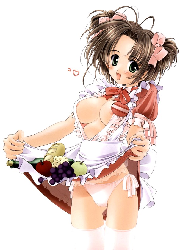 kawamura yasuhito, 1girl, apron, blush, breasts, brown hair, cleavage, clothes lift, dress, dress lift, female focus, food, frills, fruit, green eyes, hair ribbon, large breasts, maid, maid apron, open clothes, open dress, open shirt, panties, red dress, red skirt, ribbon, shirt, short hair, short twintails, side-tie panties, skirt, skirt basket, skirt lift, solo, standing, thighhighs, twintails, underwear, waitress, white panties, white thighhighs
