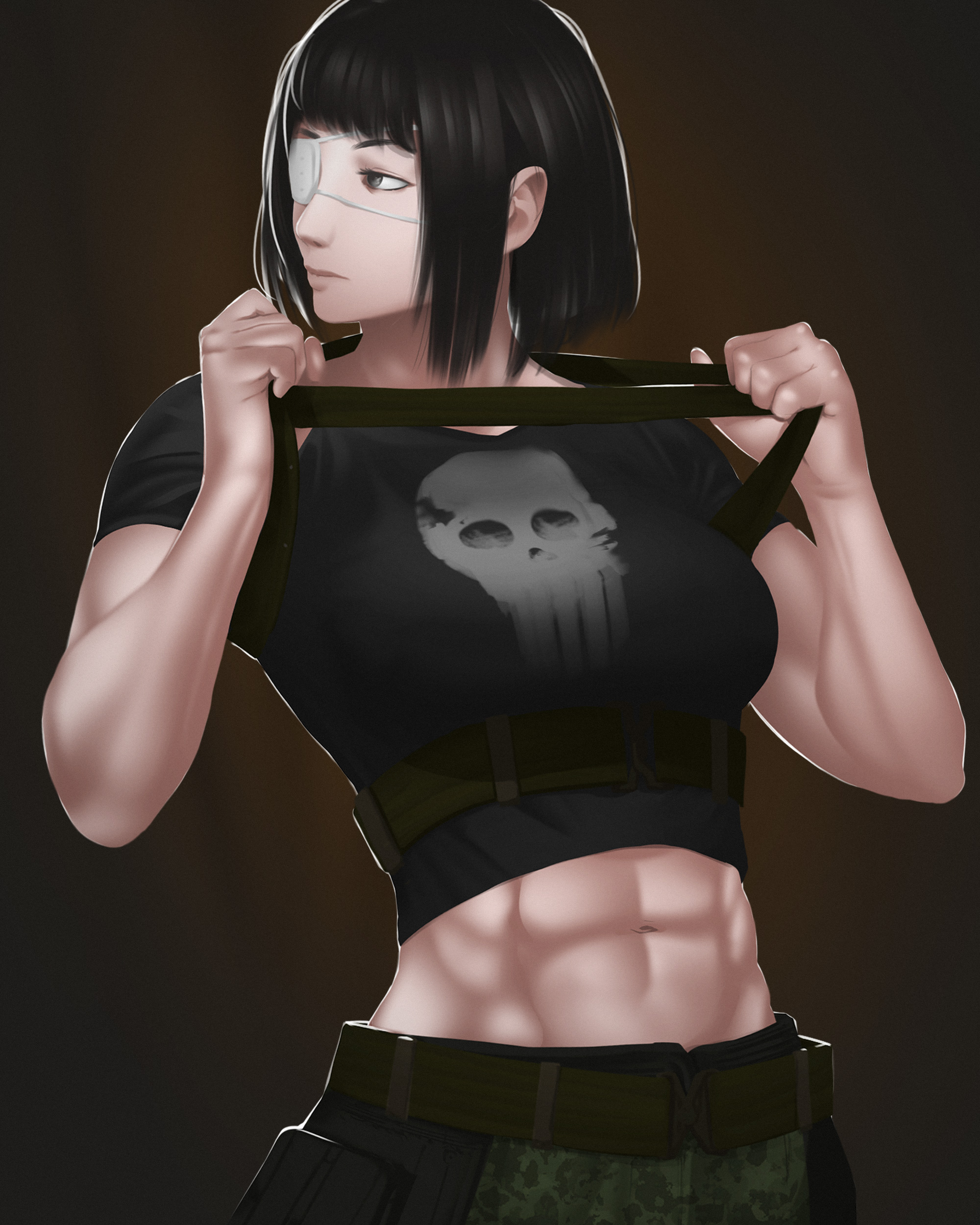 adun madun, sofia valmer, jormungand (manga), absurdres, highres, 1girl, abs, belt, black hair, black shirt, breasts, eyepatch, looking to the side, medical eyepatch, medium hair, midriff, muscular, muscular female, navel, shirt, short sleeves, skull print, solo