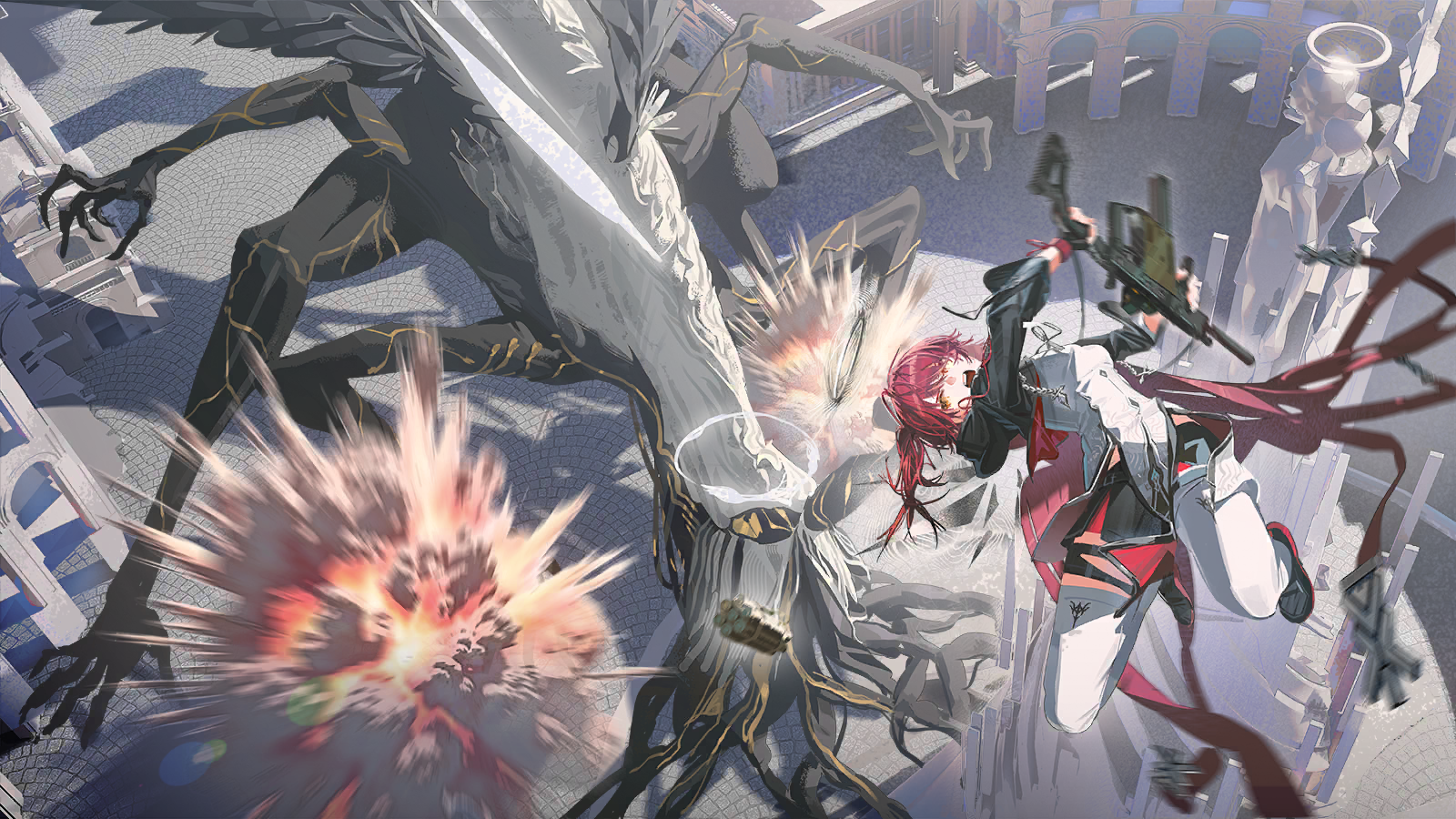 exusiai (arknights), exusiai the new covenant (arknights), arknights, game cg, highres, official art, third-party source, 1girl, battle, black cape, black jacket, black shoes, black shorts, building, bullet, cape, cephas (arknights), cephas (teekaz) (arknights), day, detached wings, energy wings, explosion, halo, jacket, long sleeves, monster, multiple legs, one side up, outdoors, red cape, red hair, shirt, shoes, shorts, statue, thighhighs, two-sided cape, two-sided fabric, white shirt, white thighhighs, wings