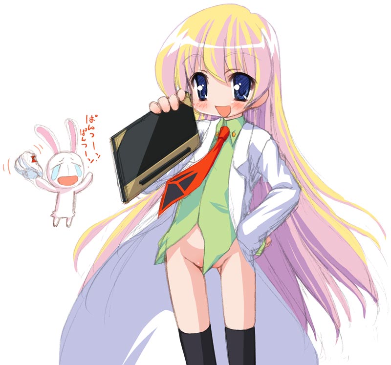 mesousa, rebecca miyamoto, pani poni dash!, artist request, 00s, 1girl, blonde hair, blue eyes, female focus, loli, long hair, no panties, panties, pussy, solo, thigh gap, thighhighs, thighs, underwear