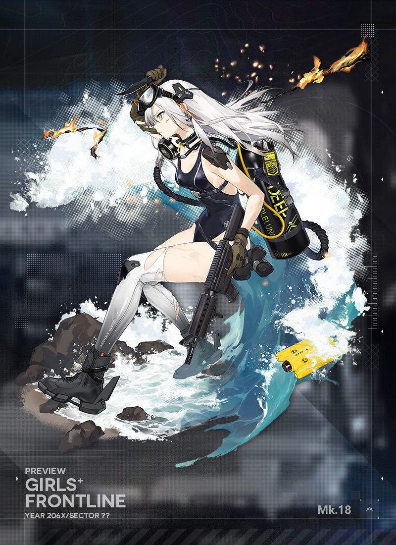 mk.18 (girls' frontline), girls' frontline, official art, assault rifle, beach, combat knife, diving regulator, dual wielding, english text, fire, gloves, goggles, goggles on head, green eyes, griffin & kryuger logo, gun, holding, holding gun, holding knife, holding weapon, knife, m4 carbine, multicolored hair, one-piece swimsuit, orange hair, red pupils, rifle, scuba gear, scuba tank, shoes, sneakers, streaked hair, swimsuit, thighhighs, torn clothes, torn thighhighs, trigger discipline, water, waves, weapon, white hair