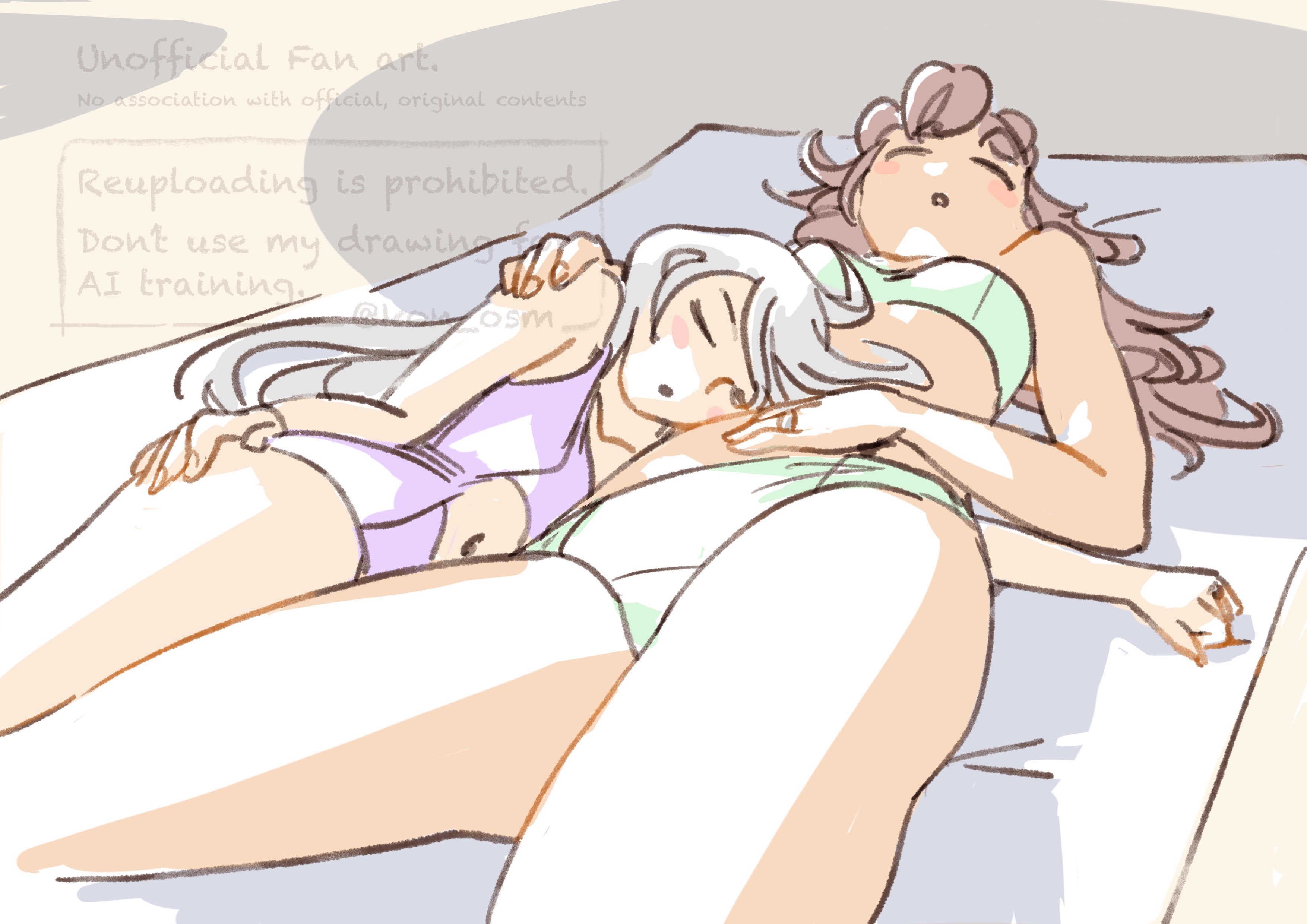 kon osm, miorine rembran, suletta mercury, gundam, gundam suisei no majo, absurdres, highres, 2girls, beach, beach towel, bikini, blush stickers, closed eyes, day, green bikini, hand on another's shoulder, long hair, lying, multiple girls, navel, on back, one-piece swimsuit, purple one-piece swimsuit, red hair, sleeping, sleeping on person, swimsuit, towel, white hair, yuri
