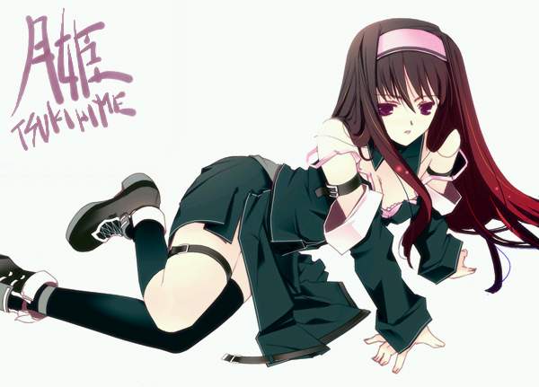ruroo, tohno akiha, tsukihime, duplicate, 00s, 1girl, black shoes, female focus, multicolored hair, shoes, solo, two-tone hair