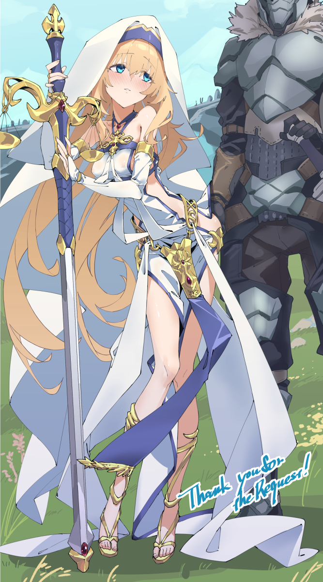 shiratama (siratama5656), goblin slayer, priestess (goblin slayer!), sword maiden, goblin slayer!, commentary request, commission, highres, skeb commission, 1boy, 1girl, armor, black pants, blonde hair, blue eyes, blue sky, breasts, cosplay, dress, fur trim, grabbing another's ass, grass, grey armor, groping, hetero, knee armor, long hair, outdoors, pants, polearm, sandals, sideless outfit, sky, small breasts, sword maiden (cosplay), swordstaff, toes, veil, very long hair, visor (armor), weapon, white dress, white veil