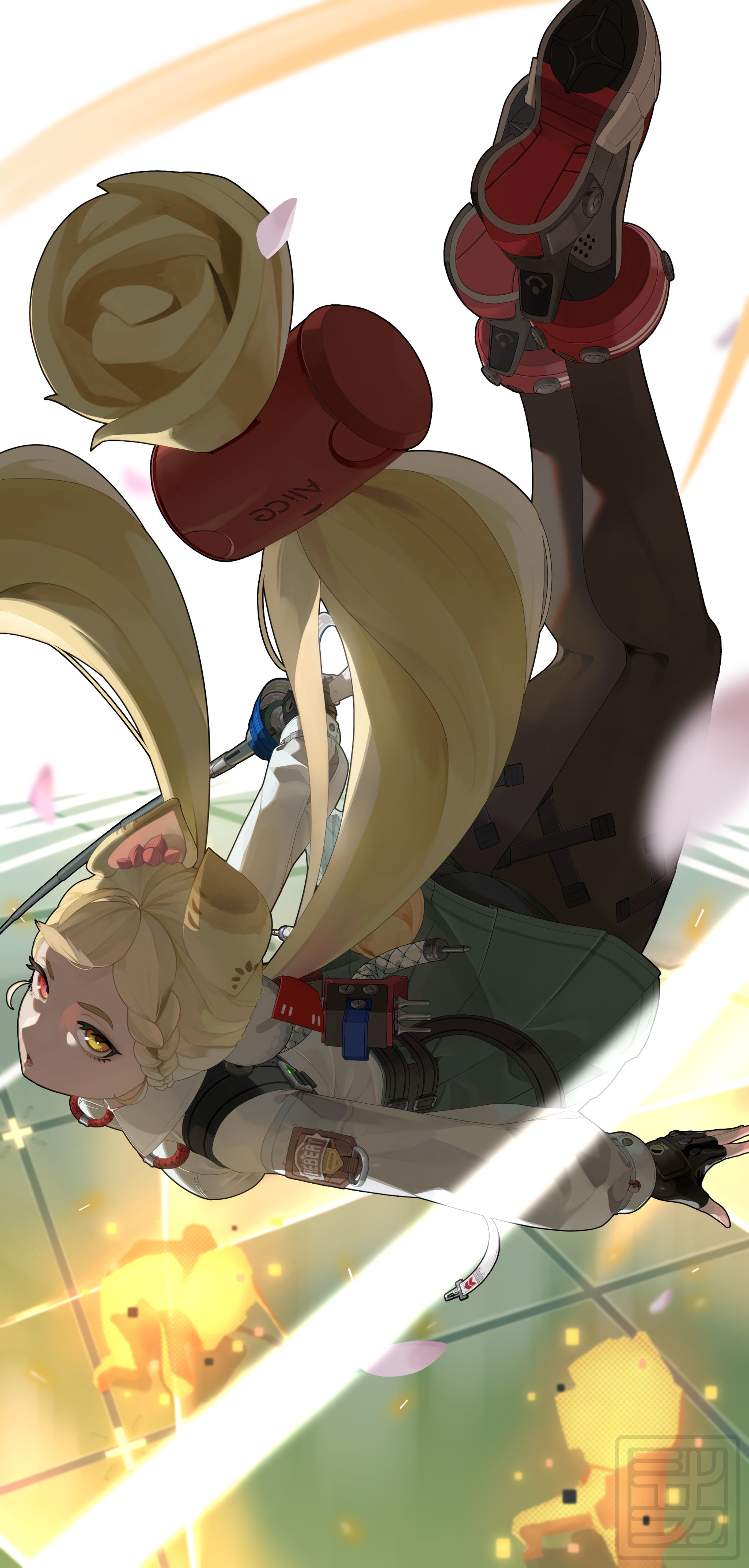 shinarika396, alice thymefield, zenless zone zero, absurdres, commentary, highres, 1girl, animal ears, black gloves, black pantyhose, blonde hair, breasts, character name, fingerless gloves, gloves, green skirt, heterochromia, holding, holding sword, holding weapon, long hair, long sleeves, looking at viewer, low twintails, midair, pantyhose, rabbit ears, rabbit girl, rapier, red eyes, serious, shirt, shoes, skirt, sphere hair ornament, sword, twintails, weapon, white shirt, yellow eyes