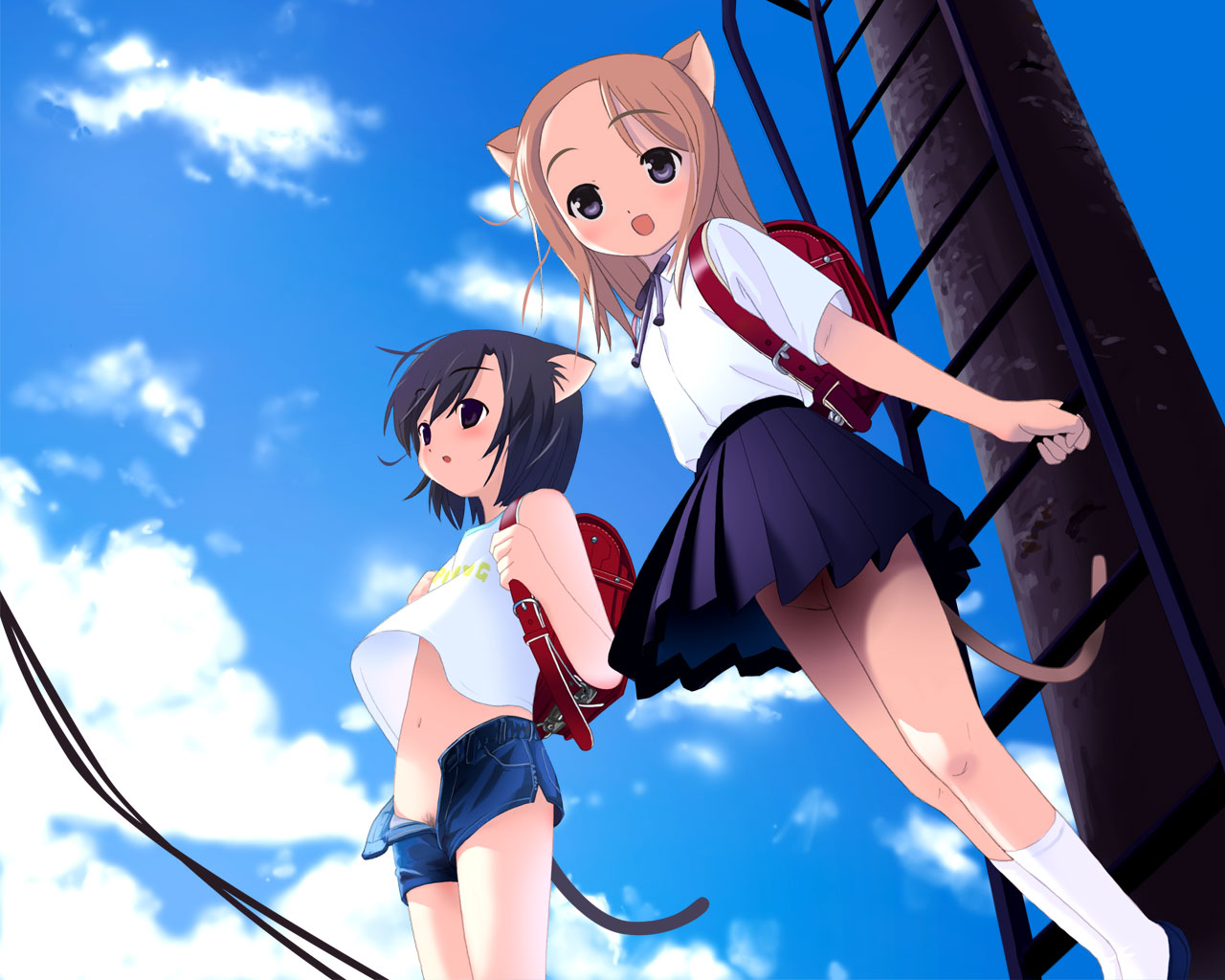 artist request, copyright request, 2girls, animal ears, backpack, bag, cat ears, cloud, day, loli, multiple girls, no panties, randoseru, school uniform, serafuku, sky