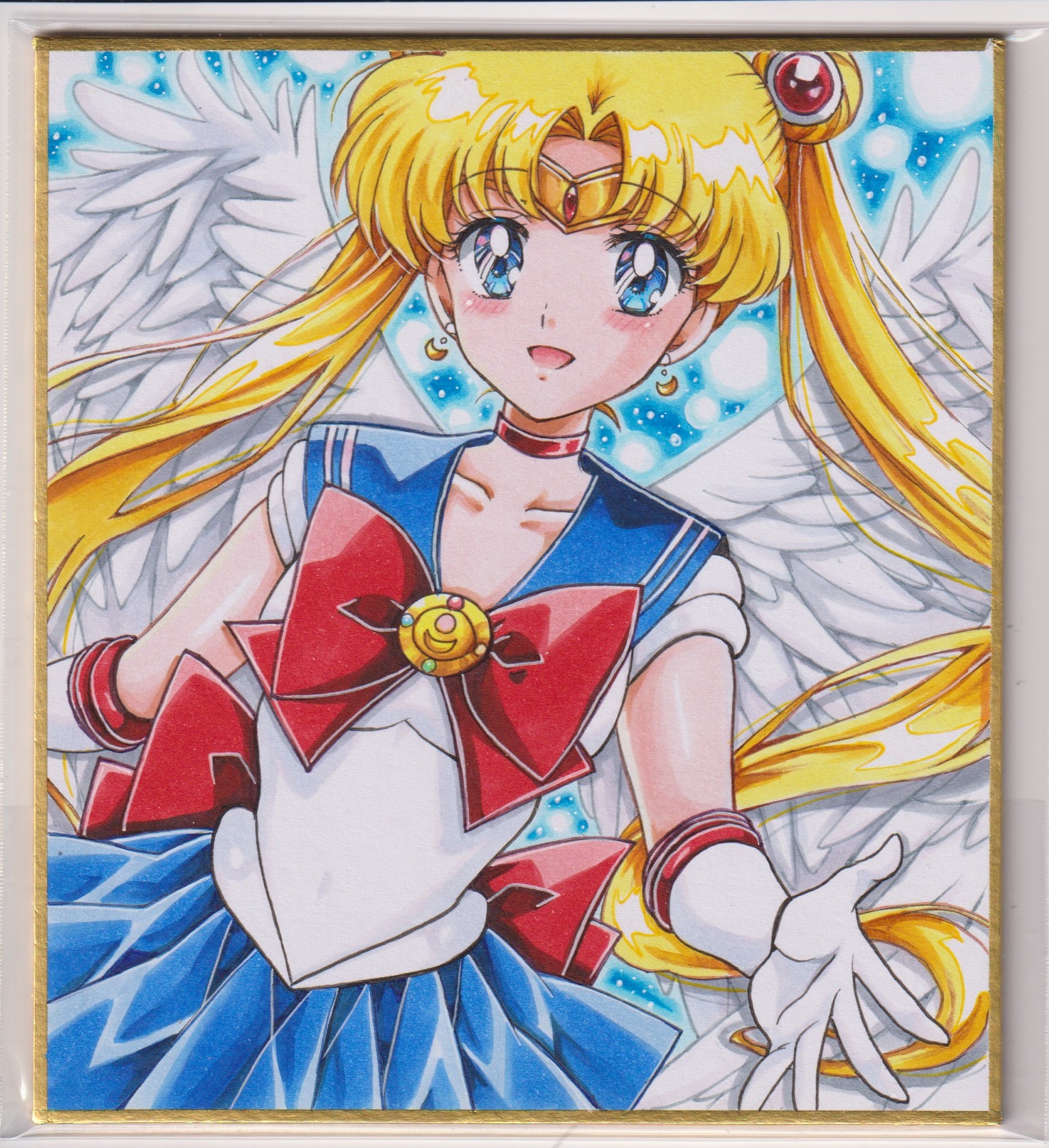 sailor moon, tsukino usagi, bishoujo senshi sailor moon, commentary, highres, traditional media, 1girl, :d, angel wings, back bow, blonde hair, blue background, blue eyes, blue sailor collar, blue skirt, blush, bow, bowtie, chikoto (kztc4472), choker, collarbone, cowboy shot, crescent, crescent earrings, double bun, earrings, elbow gloves, feathered wings, gloves, hair bun, jewelry, long hair, looking at viewer, magical girl, open mouth, parted bangs, pleated skirt, red bow, red bowtie, red choker, sailor collar, sailor senshi uniform, shikishi, shirt, skirt, sleeveless, sleeveless shirt, smile, solo, twintails, white gloves, white shirt, white wings, wings