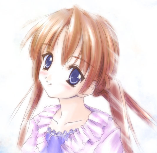 sakuya (sister princess), sister princess, 00s, 1girl, :d, blush, brown hair, collarbone, female focus, frills, head tilt, looking at viewer, open mouth, parted lips, pink shirt, purple eyes, shirt, simple background, smile, solo, teeth, twintails, upper body, white background