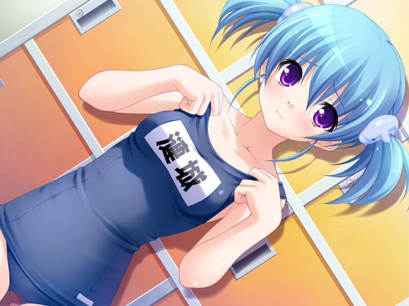 misakura nankotsu, renjou mei, bukatsu kikaku, bukatsu kikuku, game cg, 1girl, animal hair ornament, blue hair, blue one-piece swimsuit, blue school swimsuit, blush, breasts, collarbone, dressing, embarrassed, female focus, hair ornament, locker, locker room, looking at viewer, name tag, one-piece swimsuit, purple eyes, school swimsuit, short hair, small breasts, solo, standing, swimsuit, twintails