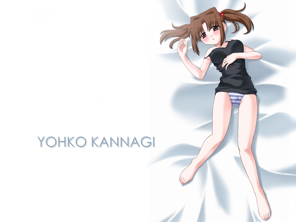 tokino, kannagi youko, ukagaka, 1girl, barefoot, bed, black theme, blue panties, brown eyes, brown hair, camisole, character name, female focus, hair bobbles, hair intakes, hair ornament, lingerie, lying, on back, panties, solo, strap slip, striped clothes, striped panties, twintails, underwear