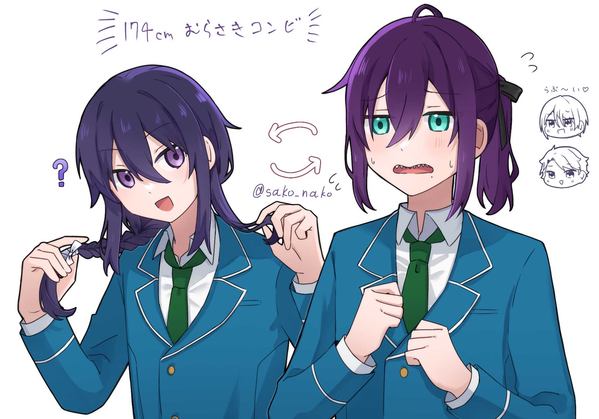 ayase mayoi, kanzaki souma, narukami arashi, shiratori aira (ensemble stars!), ensemble stars!, highres, 4boys, ?, ahoge, alternate hairstyle, arrow (symbol), black ribbon, blazer, blue jacket, blush, braid, chibi, chibi inset, clenched hands, color connection, crossed bangs, double-parted bangs, e7fe97lnor97074, green eyes, green necktie, hair between eyes, hair color connection, hair ribbon, hairstyle switch, hands up, head tilt, heart, holding, holding own hair, jacket, light blush, long hair, looking at another, looking at viewer, male focus, motoyui, multiple boys, necktie, parted bangs, peanut mouth, ponytail, purple eyes, purple hair, raised eyebrows, ribbon, school uniform, sharp teeth, shirt, sidelocks, simple background, single braid, sweatdrop, teeth, twitter username, upper body, white background, white shirt, yumenosaki school uniform