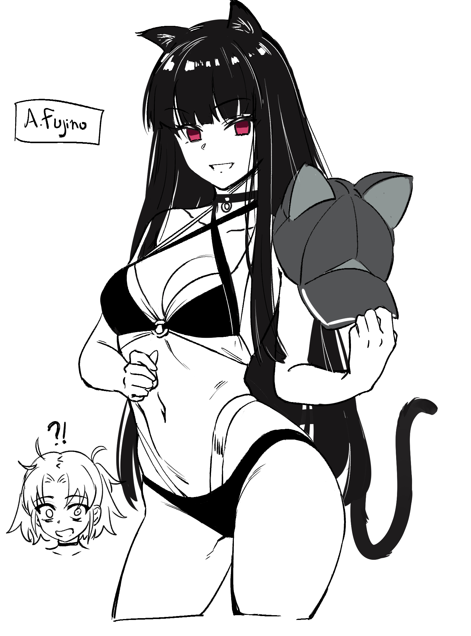 das (dan dan), asagami fujino, ryougi shiki, fate/grand order, fate (series), highres, !?, 2girls, animal ears, bare shoulders, baseball cap, bikini, breasts, cat ears, cat tail, choker, cleavage, cosplay, greyscale, grin, hat, long hair, looking at viewer, medium breasts, monochrome, multicolored bikini, multiple girls, navel, open mouth, parted bangs, red eyes, ryougi shiki (cosplay), ryougi shiki (swimsuit mooncancer) (first ascension), short hair, sidelocks, smile, solo focus, spot color, swimsuit, tail, thighs, two-tone bikini