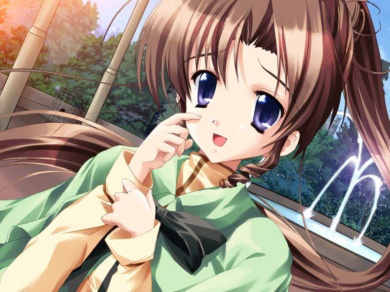 mikeou, asagiri shizuru, stay ~anata no tonari ni~, game cg, 1girl, blue eyes, brown hair, day, female focus, fountain, long hair, outdoors, purple eyes, school uniform, serafuku, solo