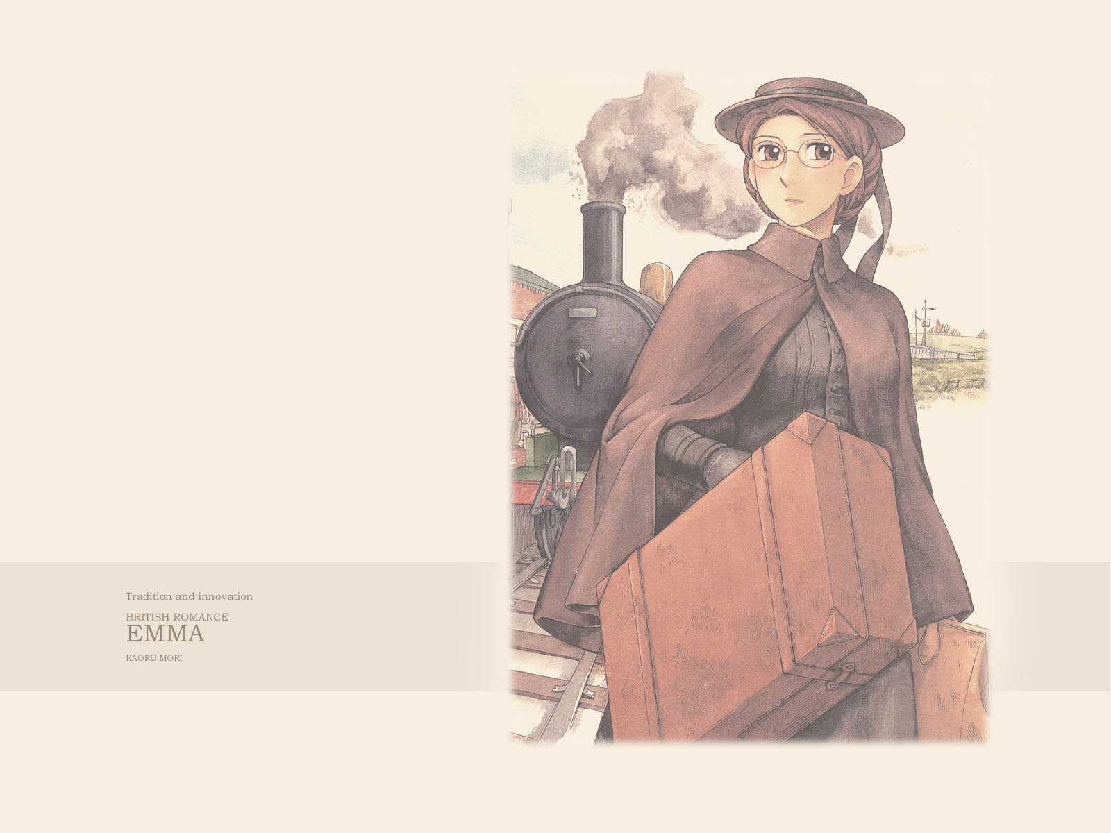mori kaoru, emma, emma (victorian romance emma), victorian romance emma, highres, 00s, 1girl, female focus, glasses, hat, locomotive, porkpie hat, solo, steam locomotive, suitcase, train