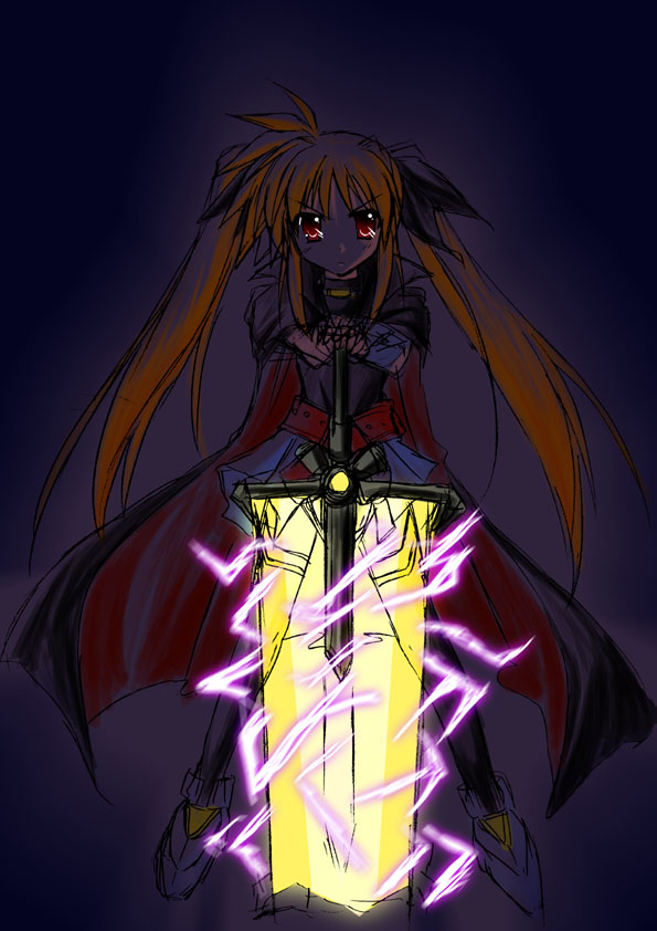 bardiche (nanoha), bardiche (zanber form) (nanoha), fate testarossa, fate testarossa (lightning form), lyrical nanoha, mahou shoujo lyrical nanoha, mahou shoujo lyrical nanoha a's, 00s, 1girl, angry, belt, blonde hair, cape, energy sword, female focus, magical girl, red eyes, solo, sword, twintails, weapon