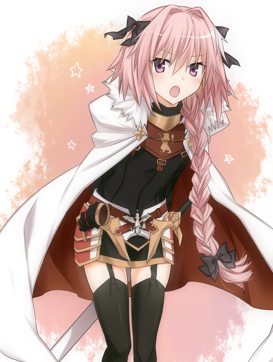 ouhina, astolfo (fate), fate/apocrypha, fate (series), highres, 1boy, armored skirt, black bow, black dress, black garter straps, black sweater, black thighhighs, bow, braid, braided ponytail, cape, cowboy shot, crossdressing, crossdressing (mtf), dress, fang, fur-trimmed cape, fur trim, garter straps, gorget, hair bow, hair intakes, horn (instrument), light blush, long hair, male focus, multicolored hair, open mouth, pink background, pink hair, purple eyes, scabbard, sheath, sheathed, short dress, single braid, single hair streak, skin fang, solo, star (symbol), streaked hair, sweater, sword, thighhighs, trap, two-sided cape, two-sided fabric, two-tone background, two-tone hair, very long hair, weapon, white background, white cape, white hair, zettai ryouiki