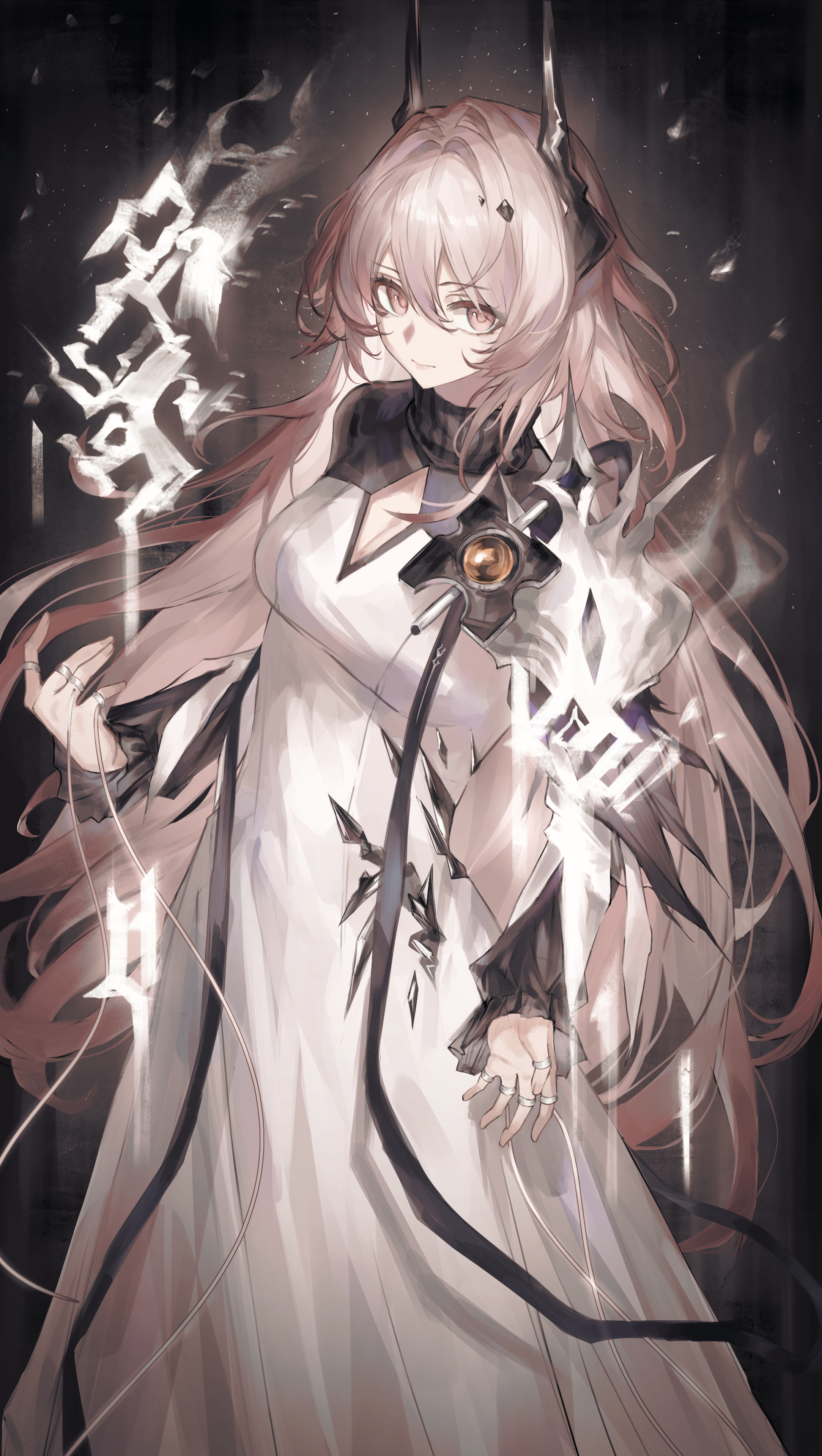 puranetto (vjun4748), theresa (arknights), arknights, absurdres, commentary, highres, 1girl, black horns, breasts, cleavage, cleavage cutout, closed mouth, clothing cutout, dress, hair between eyes, hair intakes, horns, jewelry, light particles, long hair, long sleeves, looking at viewer, magic, medium breasts, multiple rings, pink eyes, pink hair, ring, solo, standing, thread, turtleneck, turtleneck dress, very long hair, white dress