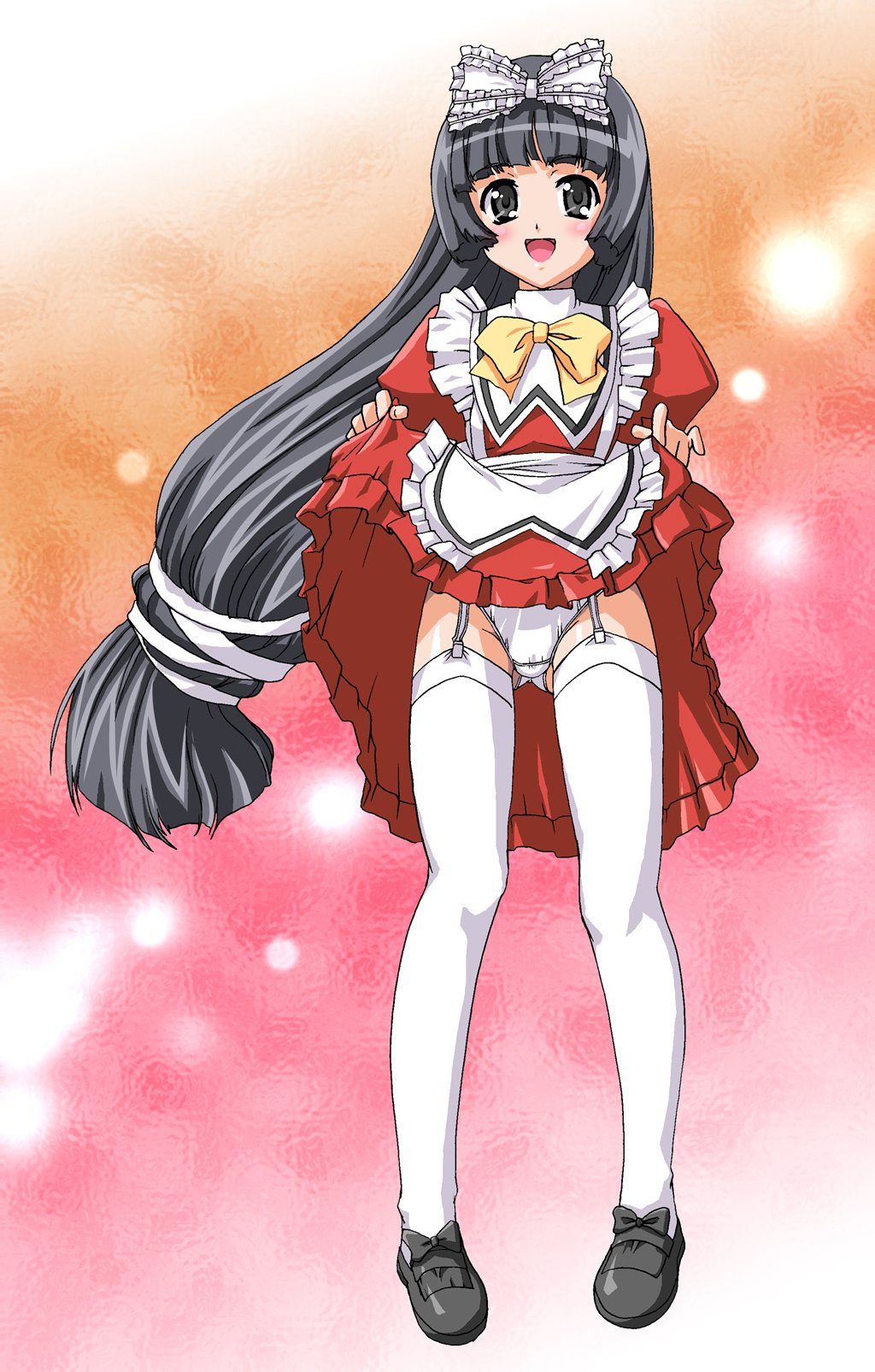 kokoro, kokoro (kokoro toshokan), kokoro toshokan, silver hair, highres, 00s, 1girl, blush, bow, clothes lift, dress, dress lift, female focus, grey eyes, hair bow, long hair, long sleeves, panties, red dress, shoes, skirt, skirt lift, smile, solo, standing, thighhighs, underwear, very long hair, white panties, white thighhighs, yellow bow