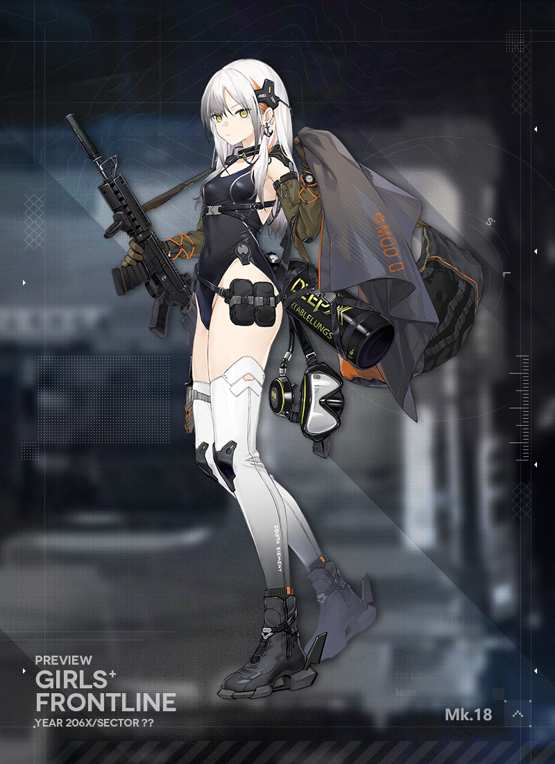 mk.18 (girls' frontline), girls' frontline, commentary, english commentary, official art, assault rifle, bag, character name, detached sleeves, diving regulator, duffel bag, english text, gloves, goggles, green eyes, green gloves, gun, hair ornament, holding, holding gun, holding towel, holding weapon, long hair, looking at viewer, m4 carbine, multicolored hair, one-piece swimsuit, orange hair, red pupils, rifle, scuba gear, scuba tank, shoes, sneakers, streaked hair, swimsuit, thighhighs, towel, watch, weapon, white hair, white thighhighs, wristwatch