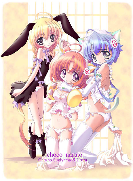 sugiyama genshou, eyebrows, copyright request, 3girls, ahoge, animal ears, breasts, cat ears, loli, multiple girls, navel, thighhighs