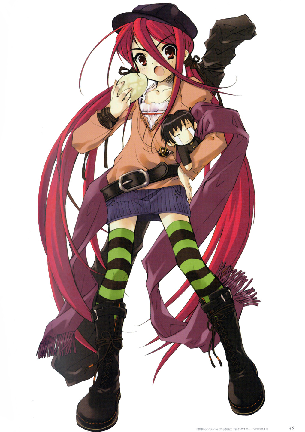 ito noizi, alastor (shakugan no shana), sakai yuuji, shana, shakugan no shana, striped, highres, 00s, 1girl, female focus, jewelry, pendant, red hair, solo, thighhighs