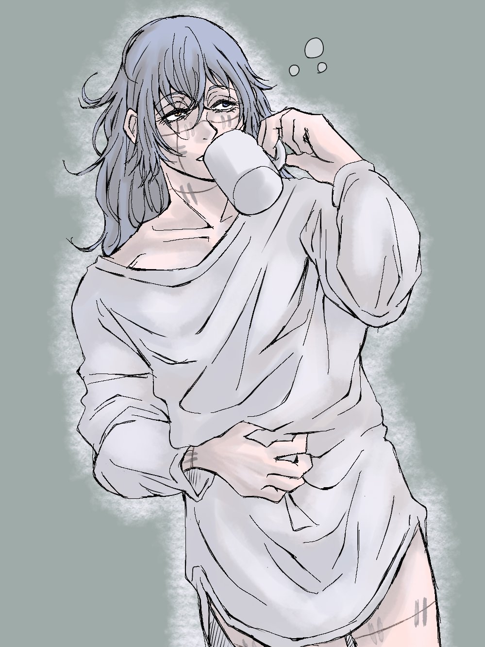 ivii3, mahito (jujutsu kaisen), jujutsu kaisen, highres, 1boy, blue eyes, blue hair, casual, collarbone, cowboy shot, crossed bangs, cup, drinking, green background, hair between eyes, heterochromia, holding, holding cup, long sleeves, loose clothes, loose shirt, male focus, messy hair, mug, off shoulder, shirt, sketch, solo, stitched face, stitched leg, stitched neck, stitches, sweater, white sweater, yellow eyes